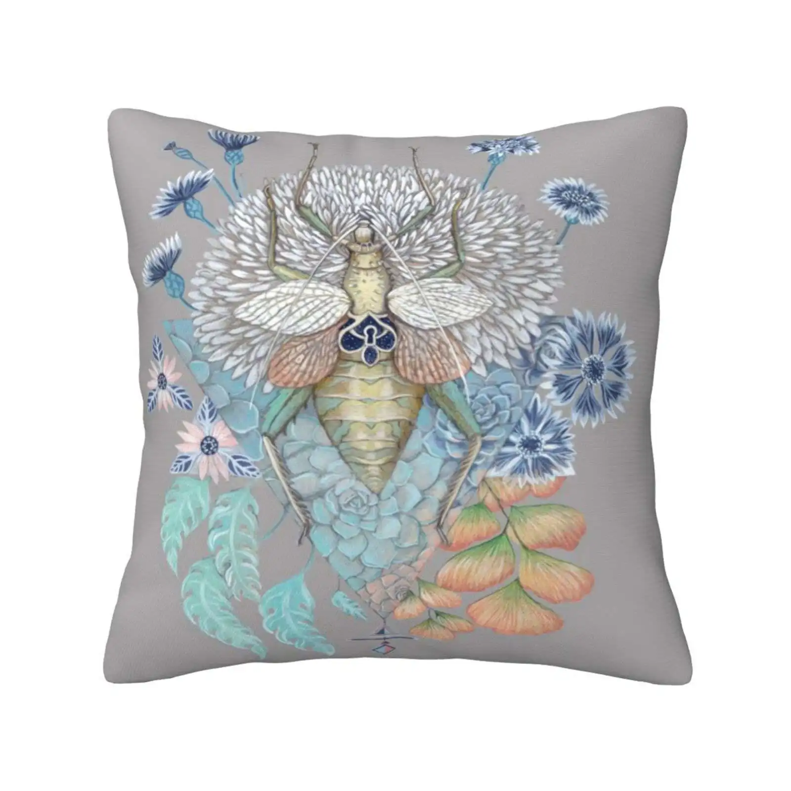 Key To Other Dimension Throw Cushion Pillow Cover Bug Beetle Floral Botanical Flowers Universe Nature Insect Cornflower Leaf