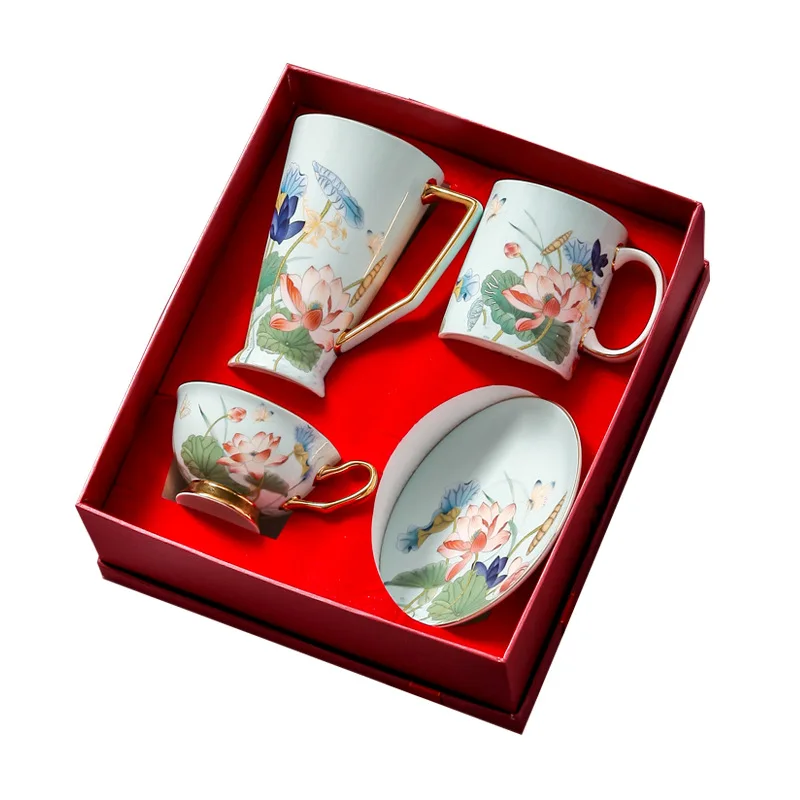 Lotus High-end Creative Bone China Coffee Cups Trend Personality Ceramic Mug Large Capacity Water Cup Wedding Gift Cup Set