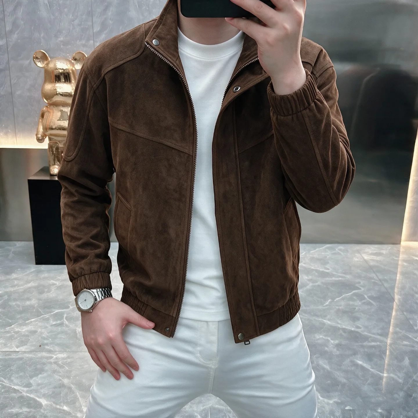 High-Quality Fashionable Stylish Autumn Stand Collar Simple Suede Jacket with 3D Pockets Thick Casual Outerwear for Young People