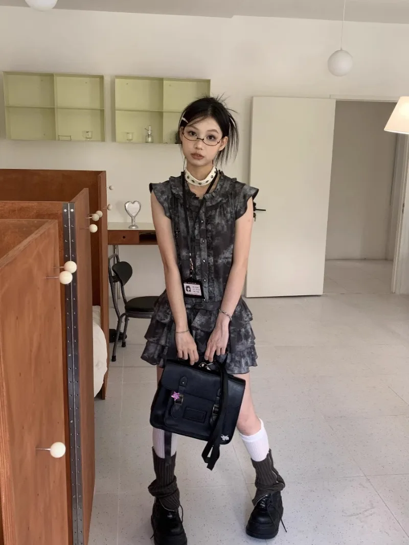 Japonês verão estilo universitário punk mangas voadoras rendas batendo unhas estrela bordado tie-dye em torno do pescoço vestido em camadas para mulher