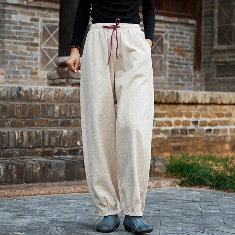 

High Quality Cotton Linen Casual Trousers Women New Arrival 2025 Spring Vintage Style Plain Color Female Bloomers Pants M608