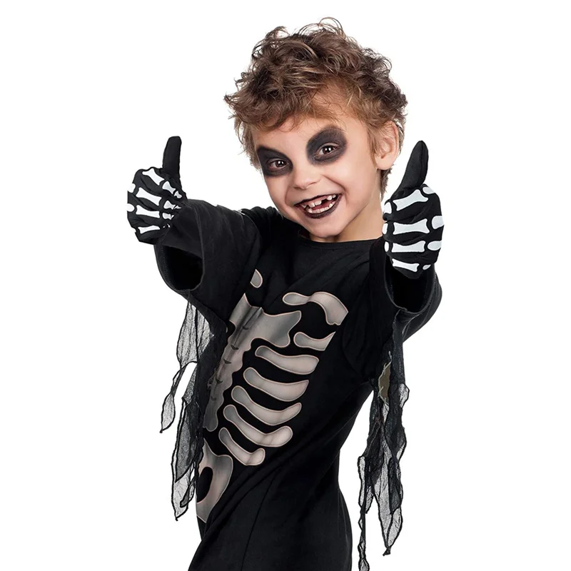 

DELAM-4 Pairs Halloween Skeleton Gloves With Skeleton Arm Sleeve Full Finger Long Arm Skeleton Gloves For Kids And Adults