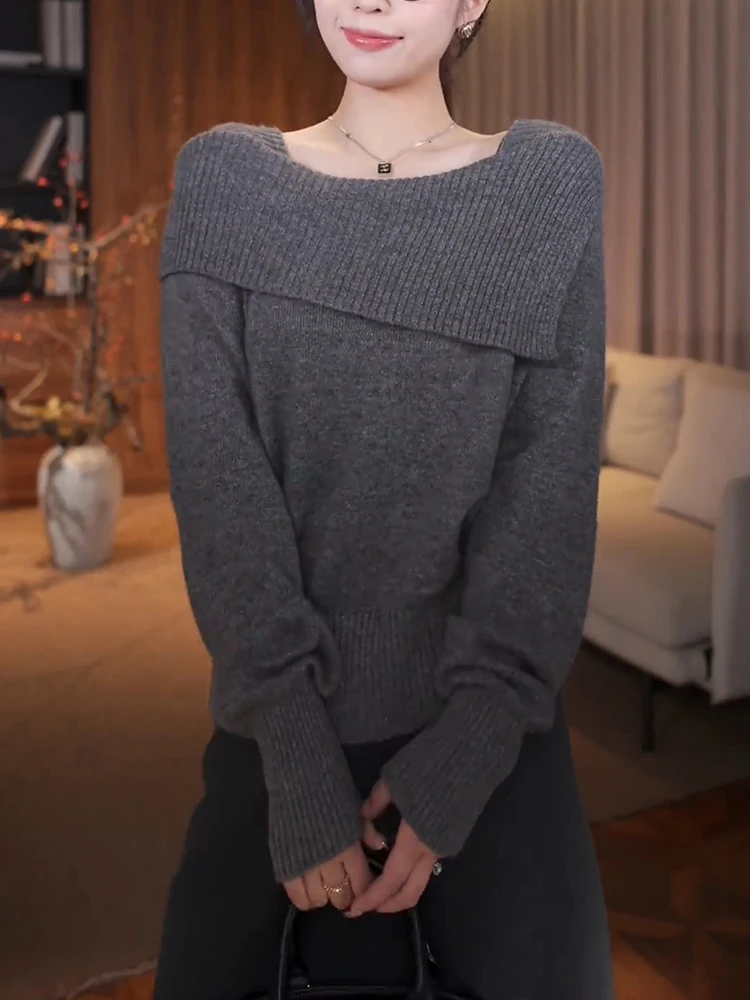 

Модный укороченный свитер на одно плечо, простой вязаный, повседневный, для работы, корейский стиль, длинный рукав