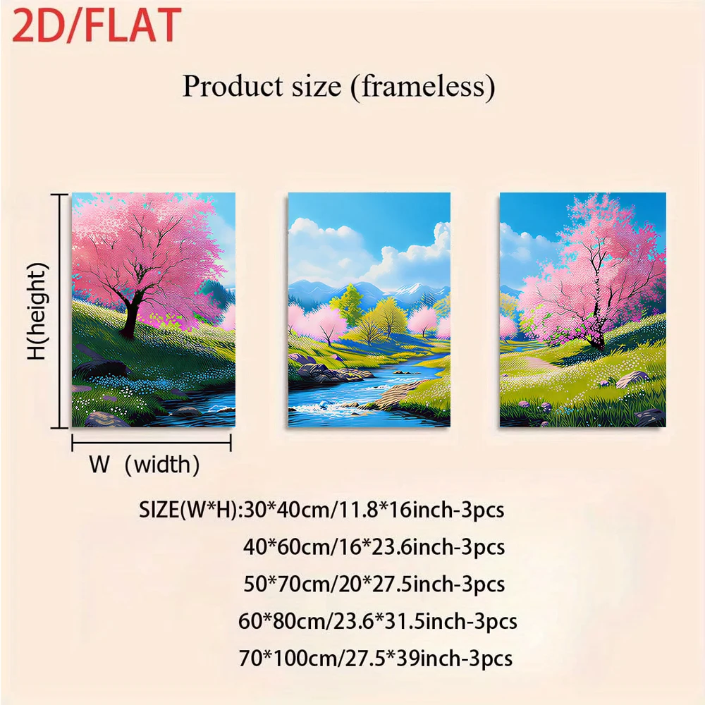 3PCS Large-sized frameless canvas paintings,1 set of three frameless decorative paintings featuring cherry blossoms and a stream