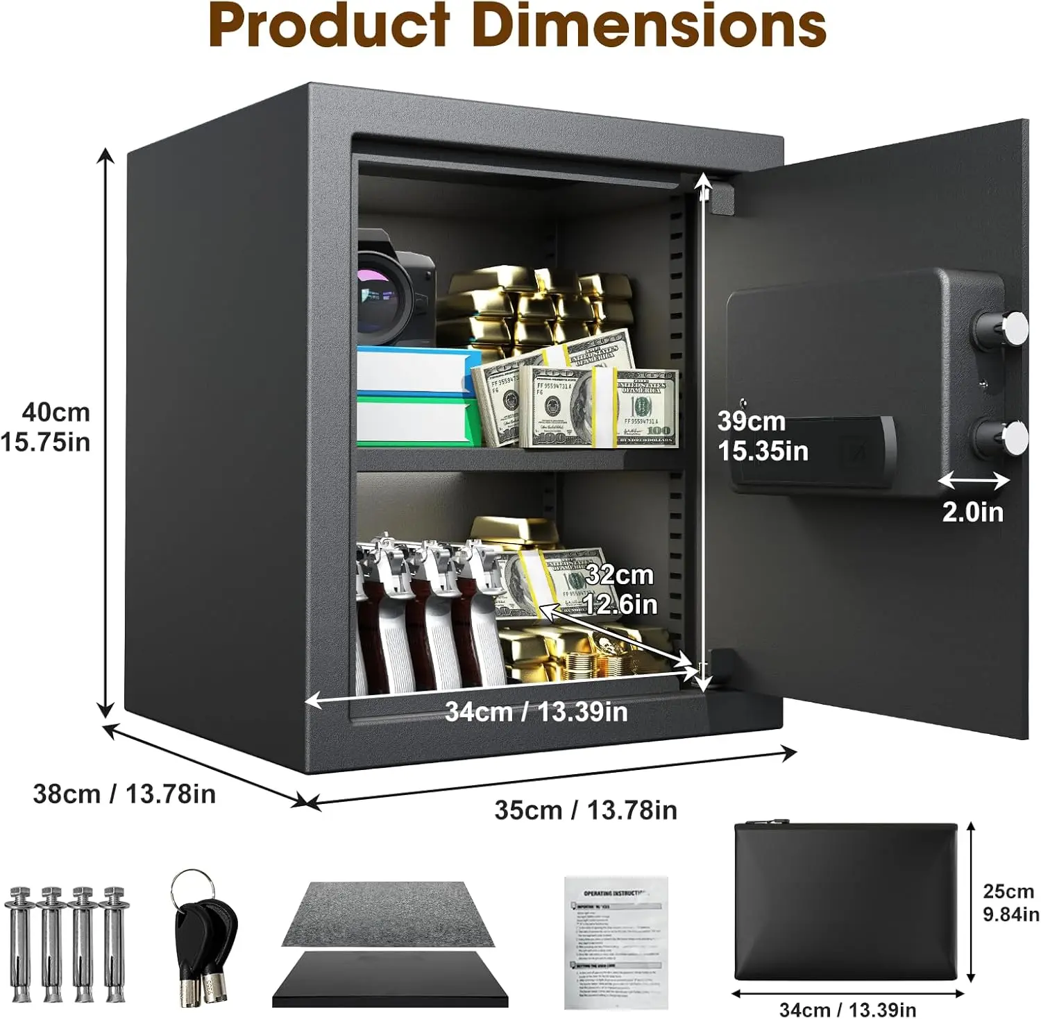 2.3 Cu.Ft. Safe Box for Home, Fireproof Waterproof Security Safe with Fireproof Bag, Dual Passwords, Adjustable Shelf, Anti-Scra