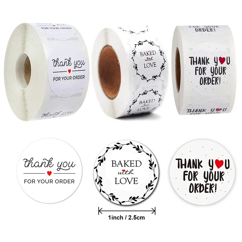 500Pcs Thank You For Your Order Stickers Round Garland Baked With Love Sticker Baking Label Business Paper Label Food Envelope