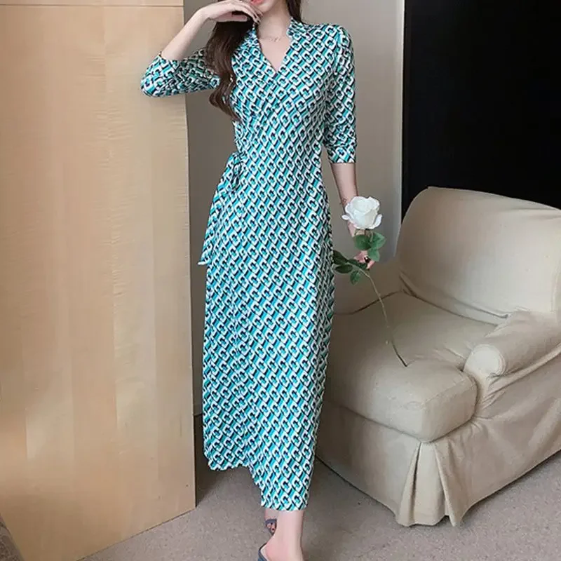 

vestido feminino فستان Women Wrap V Neck 3/4 Long Sleeve Maxi Dress Elastic waist Casual Green Plaid Print Dresses with Belt