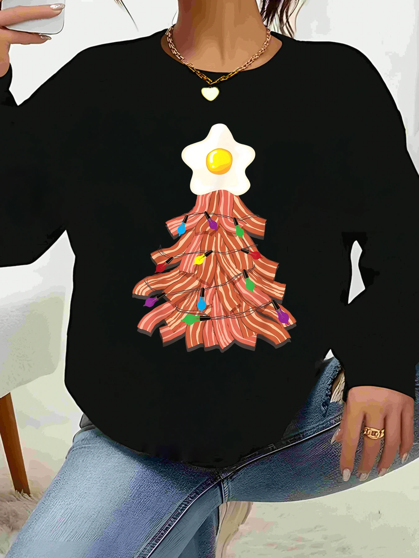 

Bacon Christmas Tree with Fried Egg Print Holiday Sweatshirt Casual Wear Women