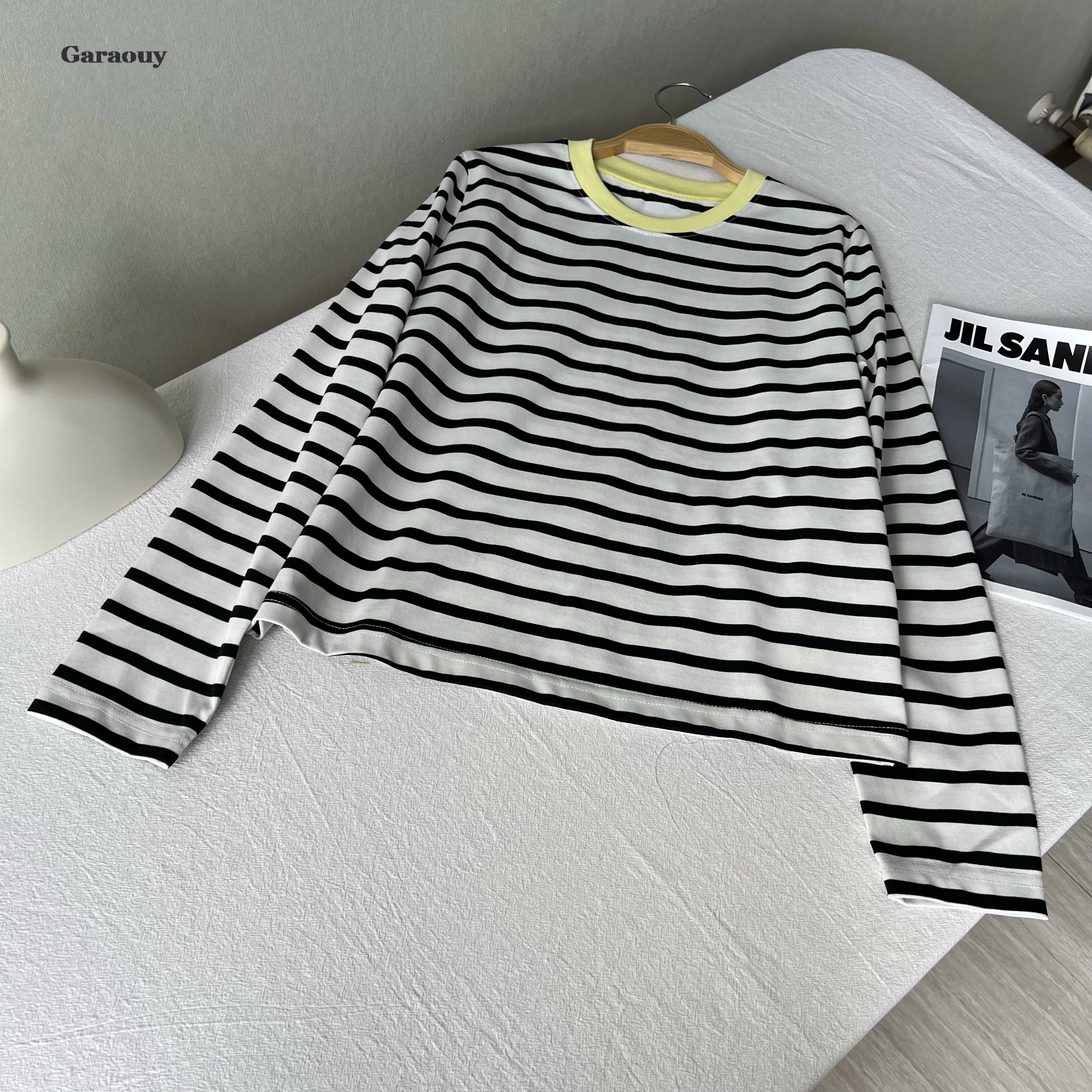 Garaouy Women High Quality 2024 Autumn Basic O Neck Long Sleeve Striped T-Shirt Casual Simple Tees Tops Female