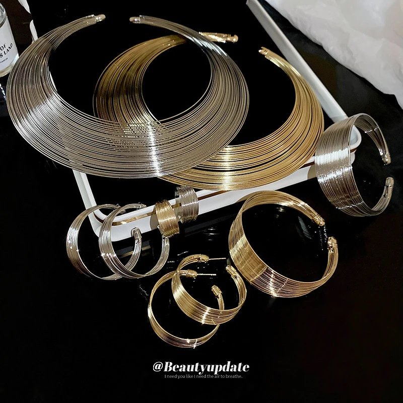 Metal Geometry Multi Layer Necklace Set European American Heavy Industry Exquisite Clavicle Exaggerated Small Cold Birthday Gift