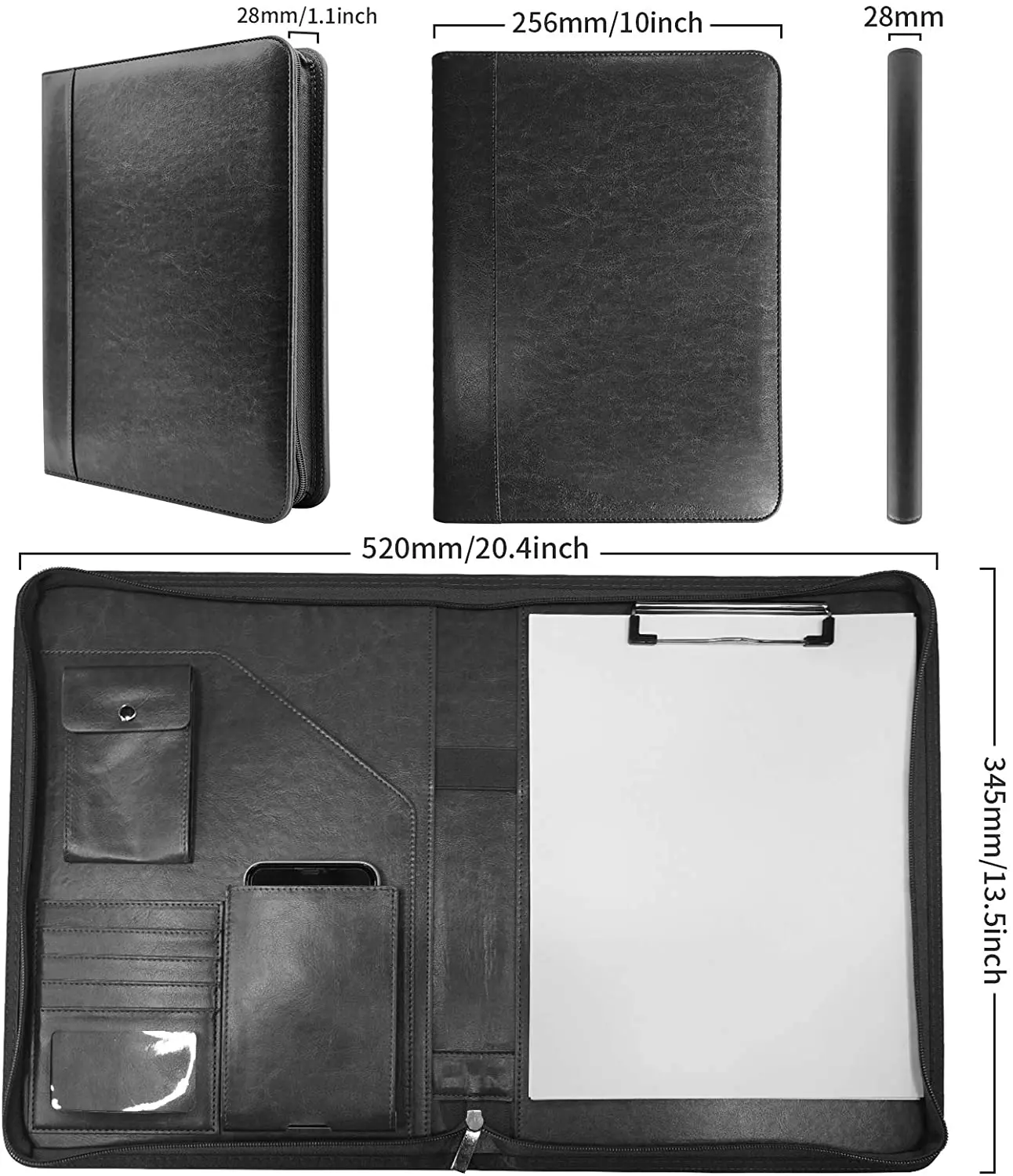 Newyes A4 Business Leather Professional Padfolio Organizer Zippered Resume Portfolio Folder Binder