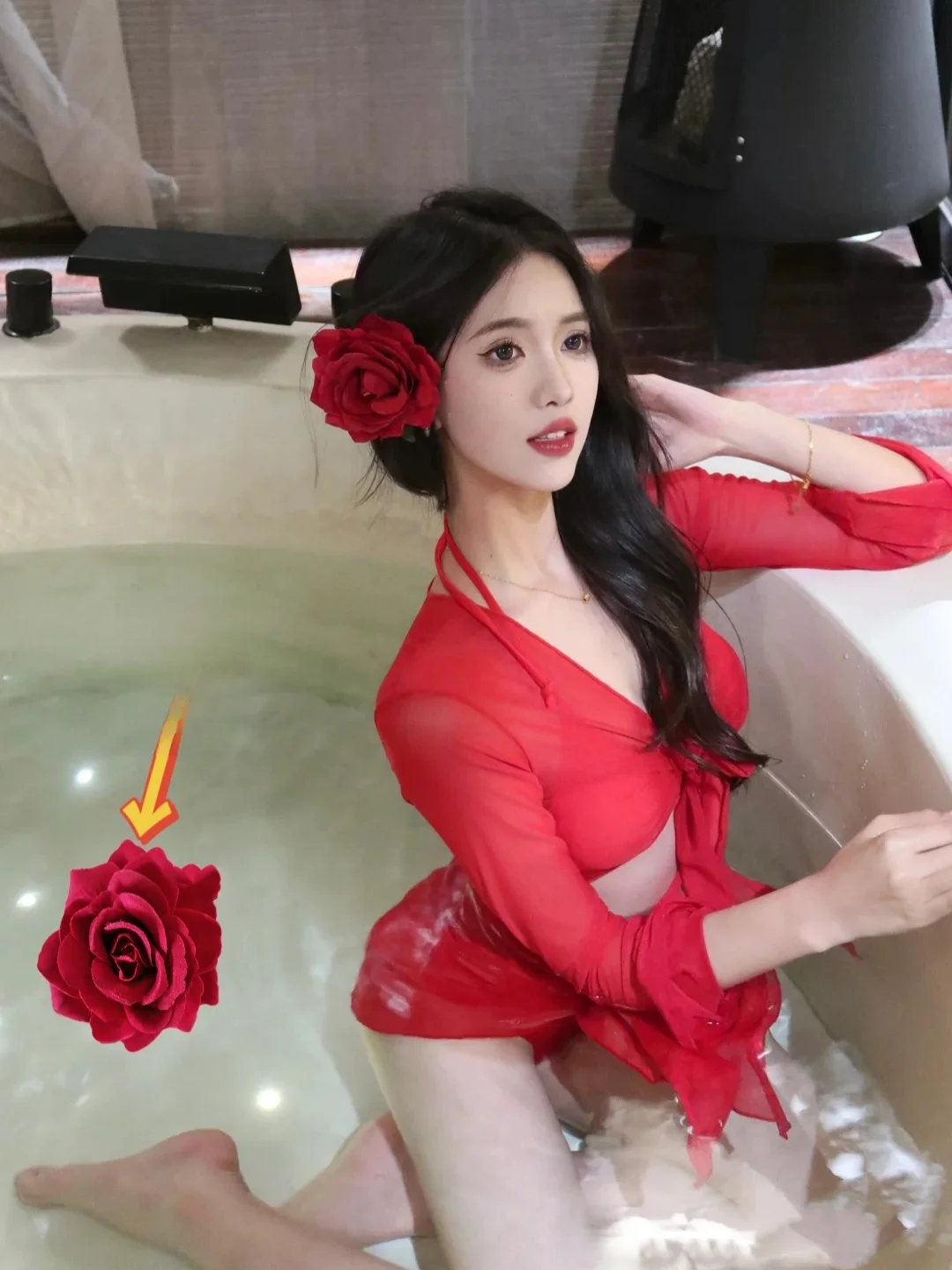 

Sexy Pure Desire Big Red Bikini Four-piece Set Long Sve Separate Swimsuit Women's Long Sve Meat Concealment Holiday Summer