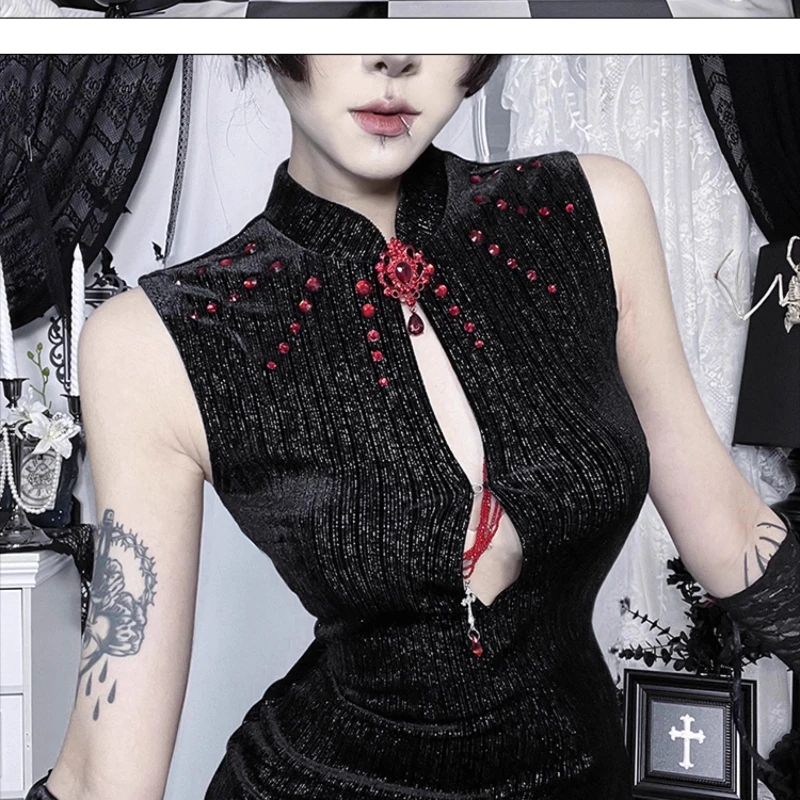 Gothic Dark Hot Girl Cheongsam Subculture Concert Women's Dress Original Design Sexy Hollow Out Sleeveless Long Dresses Ladies