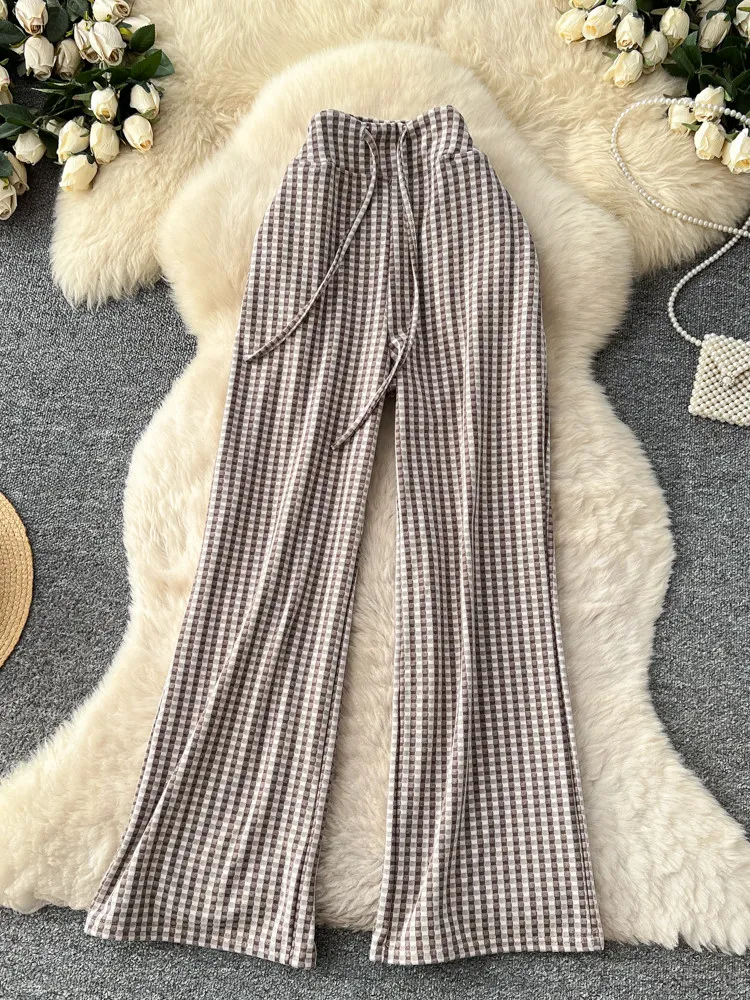 Korean style high waisted checkered casual wide leg pants women in spring new drawstring loose acasual and lazy style pants