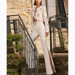 GIOIO luxury sets for women 2 piece embroideried flares crew neck long sleeve short blazer coat high waist split bell long pant