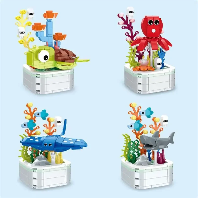 Ocean Potted Building Blocks Series Creative Expert Animal Fish Bonsai Model Bricks Home Decor Toys for Kids Christmas Gifts