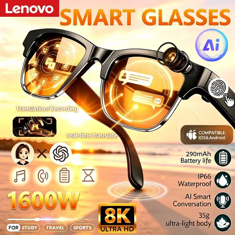 Lenovo Wireless AI Smart Glasses 8K HD Camera AI Translation Hands-Free Calling Chat Logging Music Playback Smart Sunglasses New