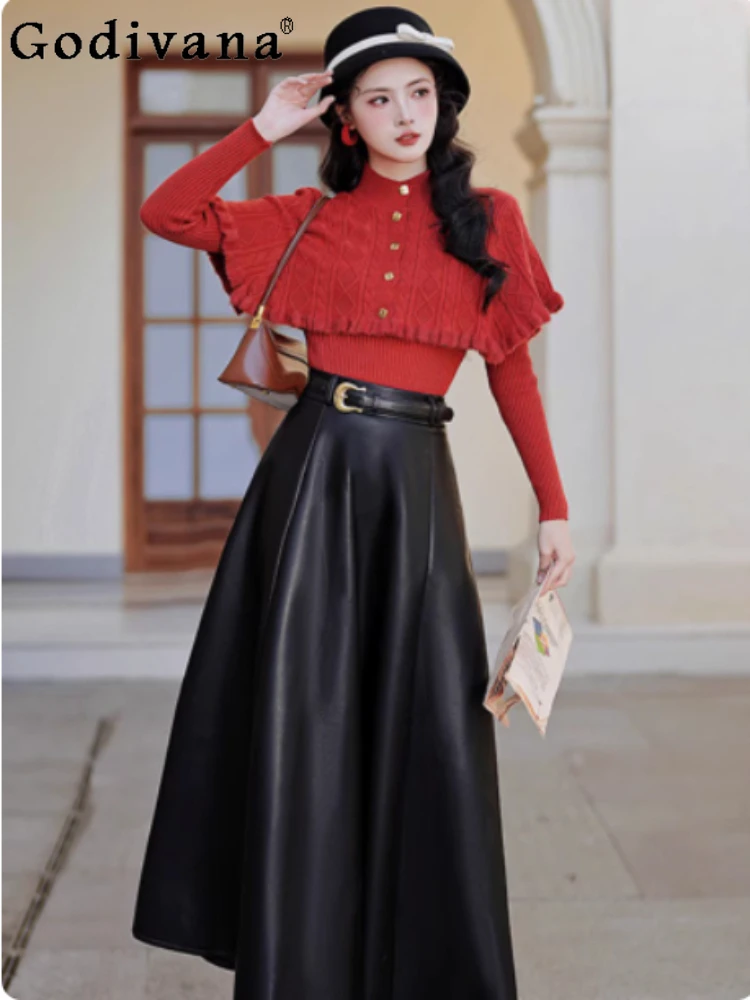 

Christmas French Retro Red Long Sleeve Knitted Top Fashion Age-reducing Versatile Cape Black High Wais Elegant Leather Skirt