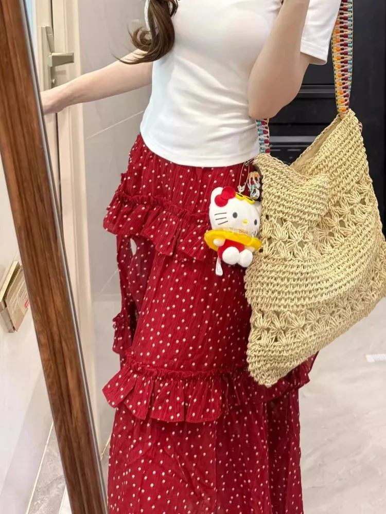 

Ele Red Polka Dot Split f Skirt Women's Faion Design Sensation Leg Exposure Cake Long Skirt Ci Commuting A-Line Skirt