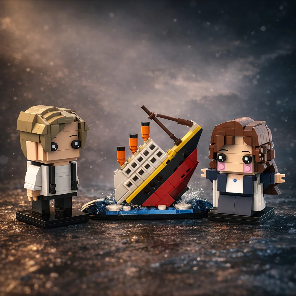 

Набор мини-блоков: Классический океанский лайнер с сценой затонувания, фигурки пары с квадратными головами, модель для самостоятельной сборки, декор для рабочего стола