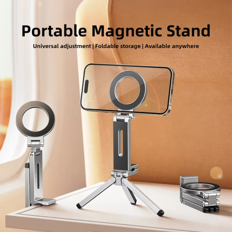 Foldable Travel/Airplane Phone Tripod Stand - 360° Magnetic Rotating Holder for IPhone & Android, Portable Desk/Car Mount