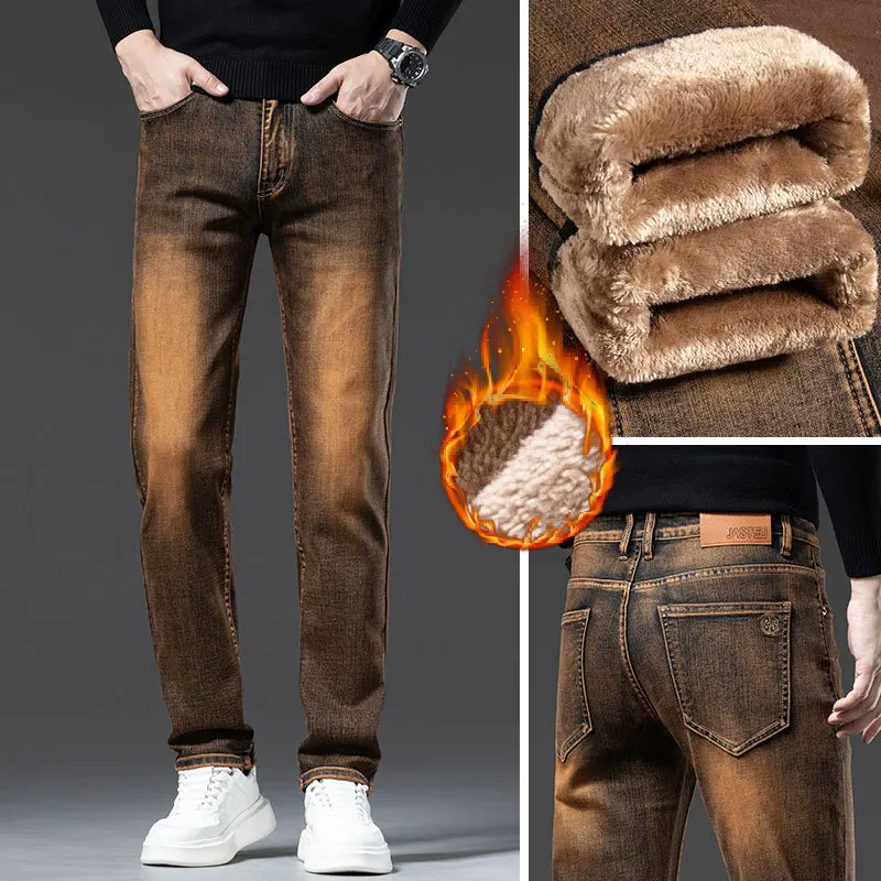 

2024 Winter New High-End Fleece Padded Jeans Men's Retro Vintage Warm Anti-Freezing Cold-Resistant Stretch Denim Pants