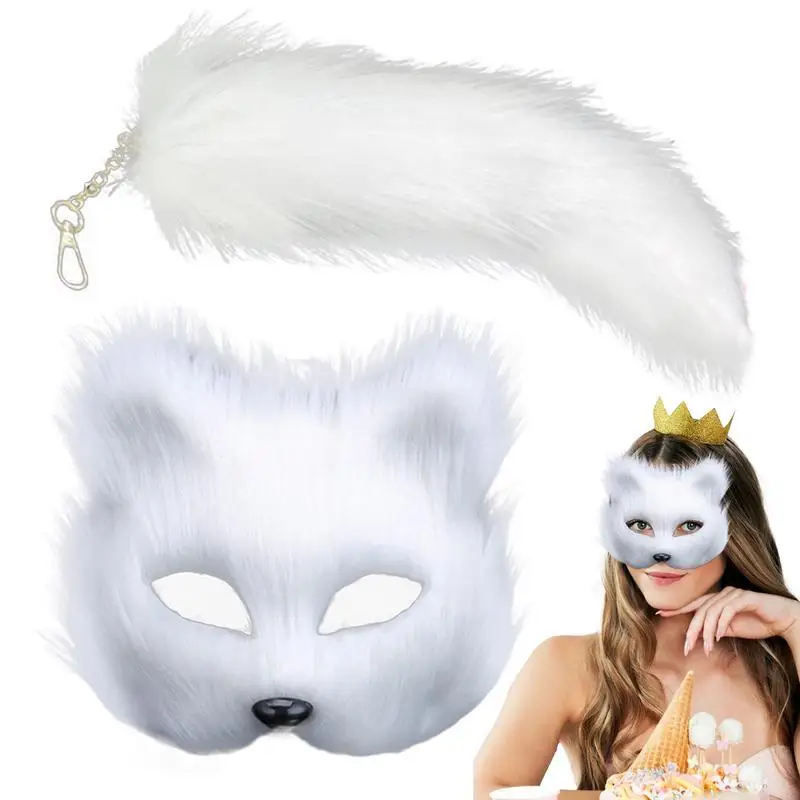 Animal Mask and Tail Set Halloween Cosplays Costume Accessorie Cats Mask Tail Half Face Faux Furs Foxes Tail Cats Mask