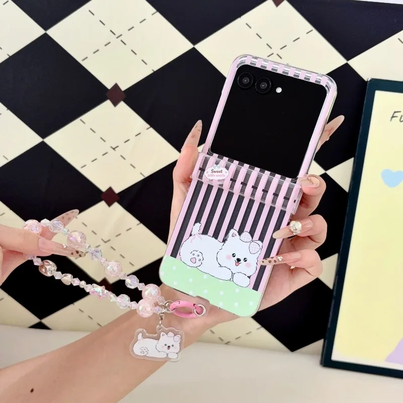 Cute Big Eyes Kitten White Puppy Phone Case for Samsung Galaxy Z Flip 8 7 6 5 4 3 Clear Hard Folding Cover with Chain Anti Fall