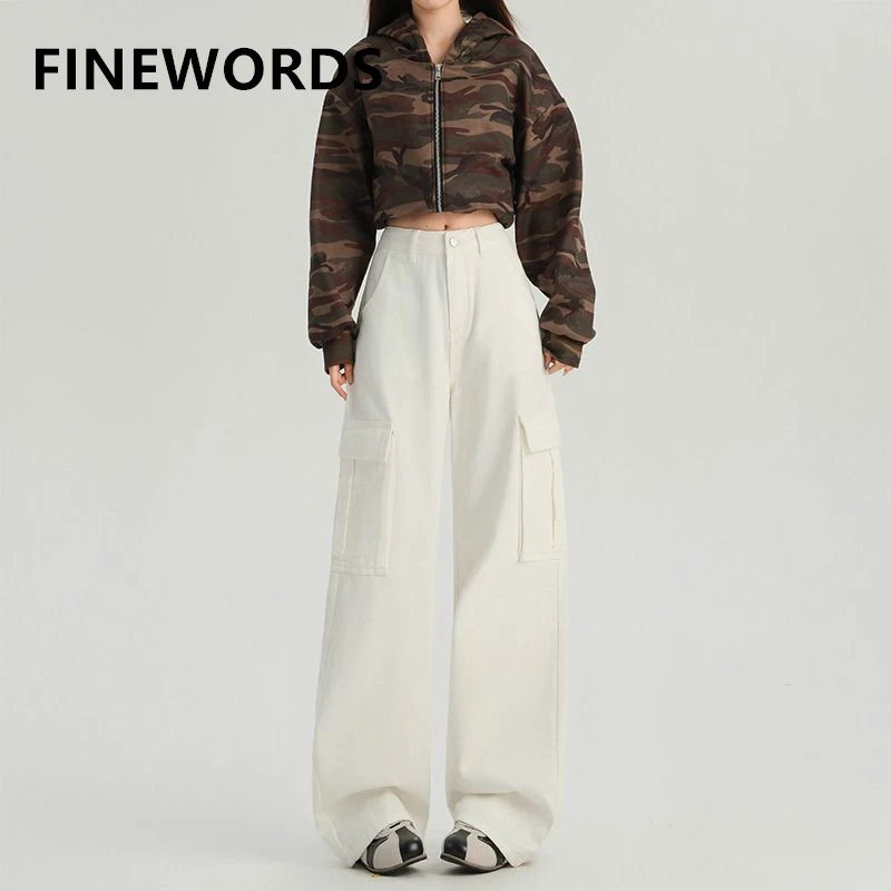 FINEWORDS Retro Korean Baggy White Jeans Women Easymatch Basic High Waist Jeans Streetwear Multiple Pocket Wide Leg Denim Pants