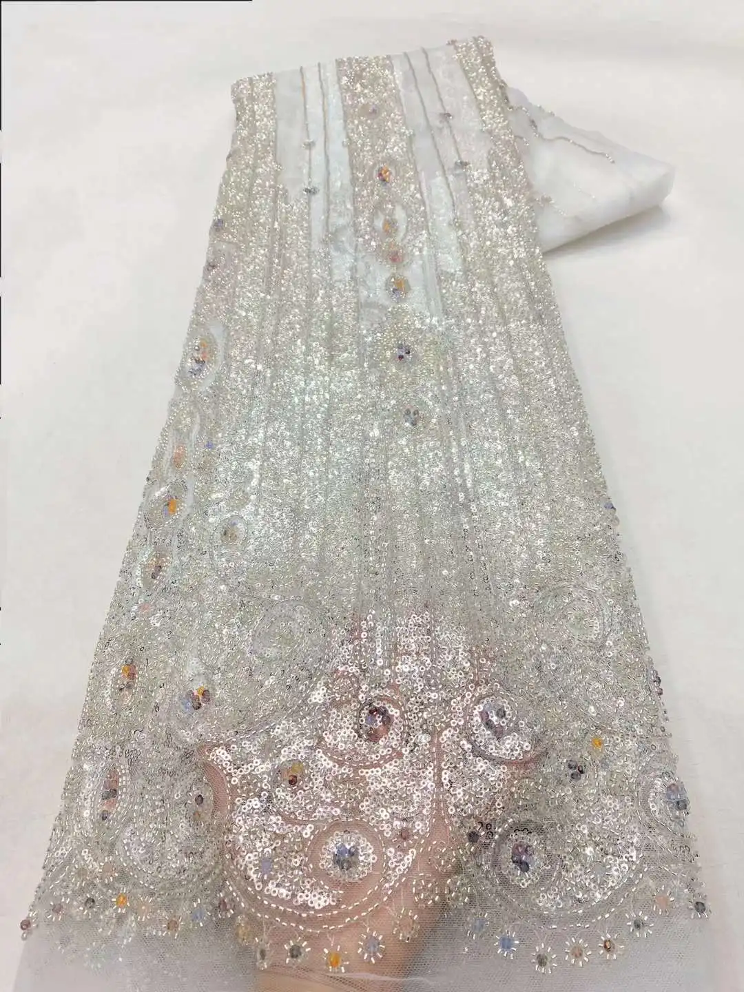 Luxury African Groom Sequins Lace Fabric High Quality 2024 French Embroidery Heavy Beads For Nigerian Wedding Dress
