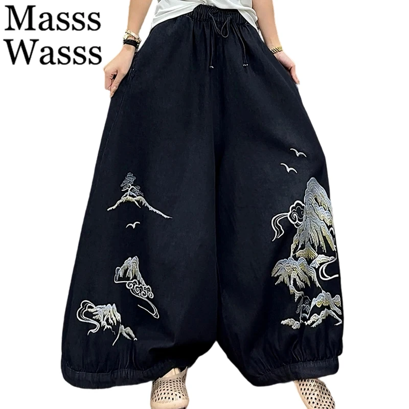 Masss Wasss Chinese Spring Fashion Jeans Womens Embroidery Oversized Wide Leg Pants Loose Vintage Casual Floral Denim Trousers