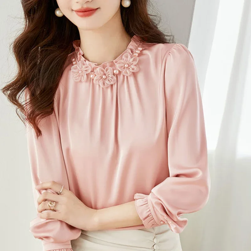 New Temperament Pleated Solid Color Chiffon Half Height Collar Long Sleeve Blouse Women Clothes Elegant Floral Shirts TopsN749