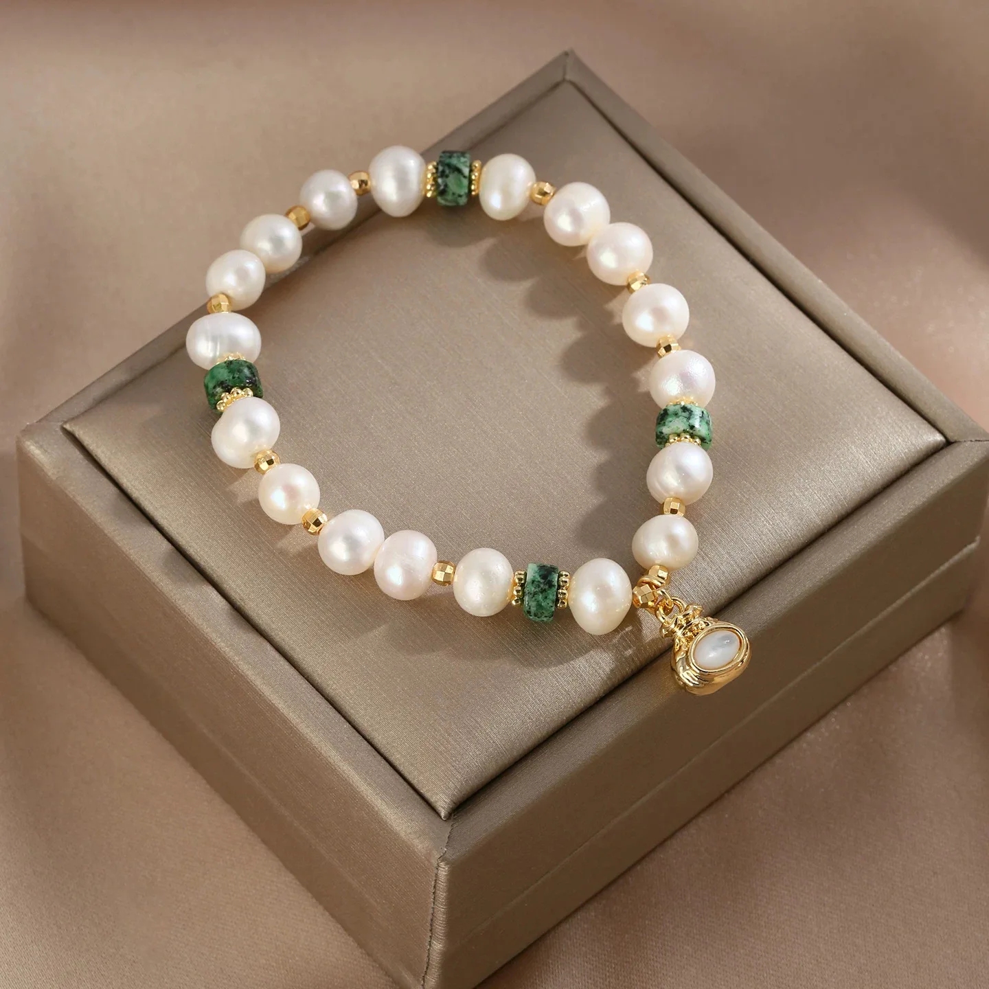 100% Natural Freshwater Pearl & Green Stone 14K Gold Filled Female Short Beads Chain Bracelet Promotion Gifts No Fade