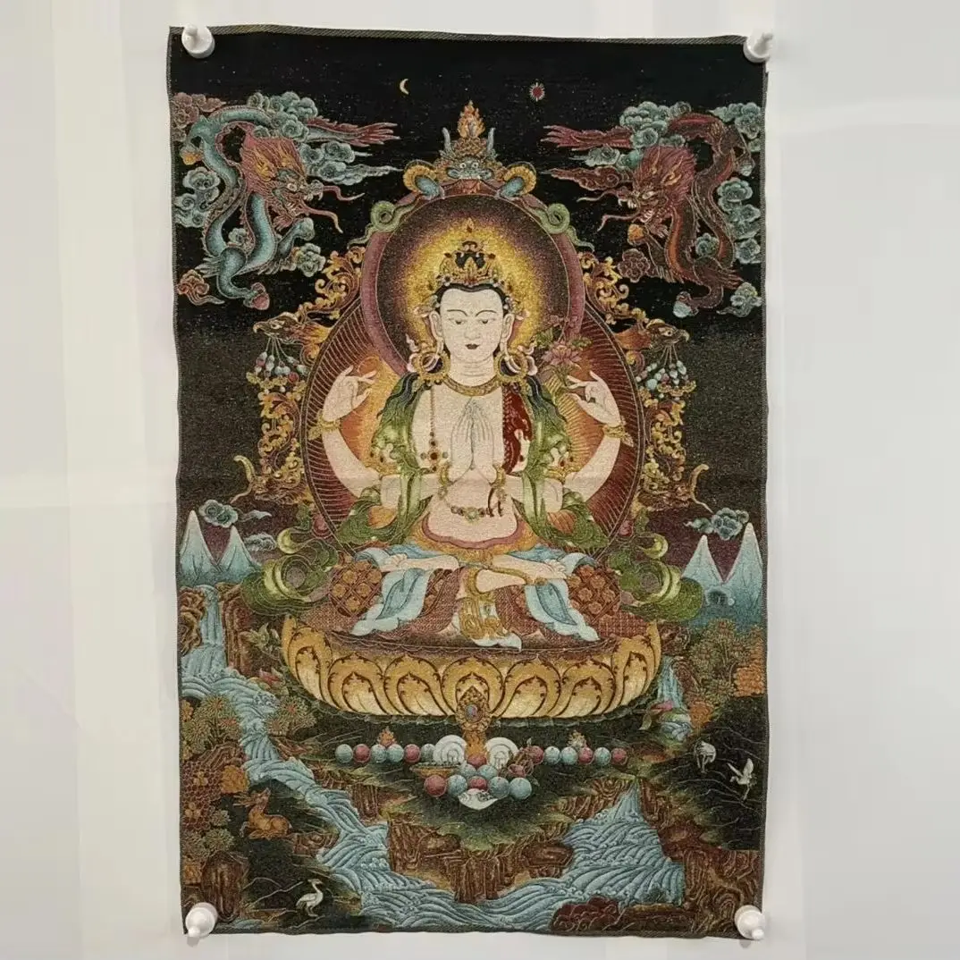 

35"Thangka Embroidery Tibetan Buddhism silk Embroidery Four-armed Guanyin Thangka hanging screen Worship Hall Town house