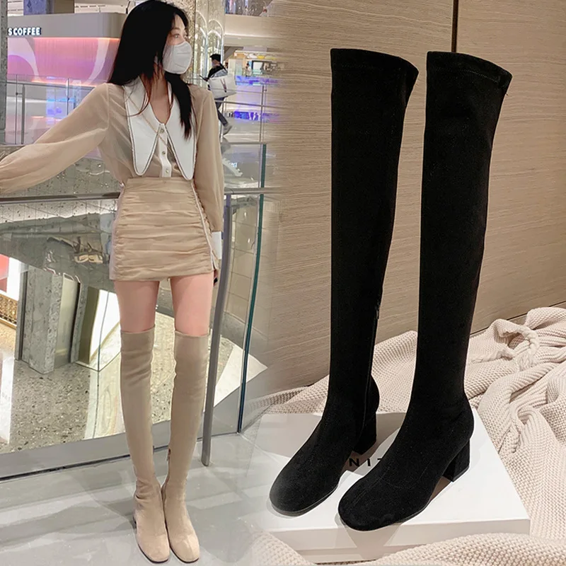 Knee High Boots Women's High Heel New Long Boots Kaki Color Boot Velvet Surface Long Boot Autumn Winter Fleece High Boot