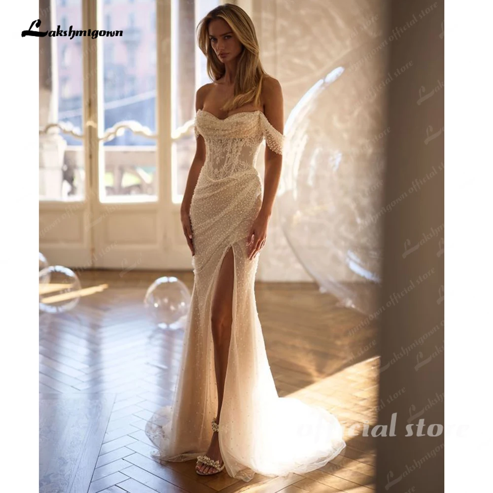 Lakshmigown Besticktes Perlenbesetztes Hochzeitskleid, Glitzernd, Schulterfrei, mit Falten und Seitenschlitz, Formelles Brautkleid, Maßanfertigung – Detail 5