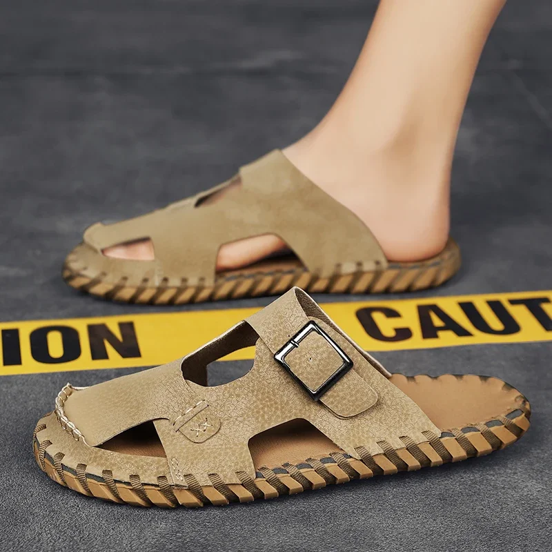 Summer Mens Slippers Casual Beach Sandals Outdoor Shoes Slides Walking Comfort Lightweight Leather Fashion Luxury Designer image 5