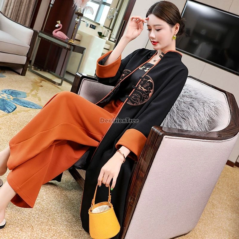 Chinese national style Tang suit button stand collar Wide-leg pants two-piece set long coat casual set female Tang trench coat