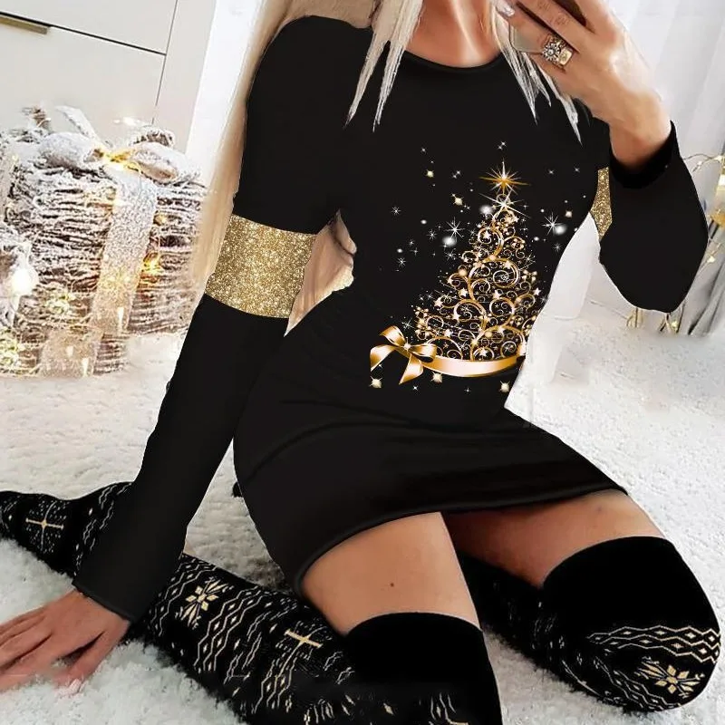 Short Dresses Women 2024 Summer and Fall New Long Sleeved Printed Christmas Dress Fashionable Versatile Base Skirt for Female