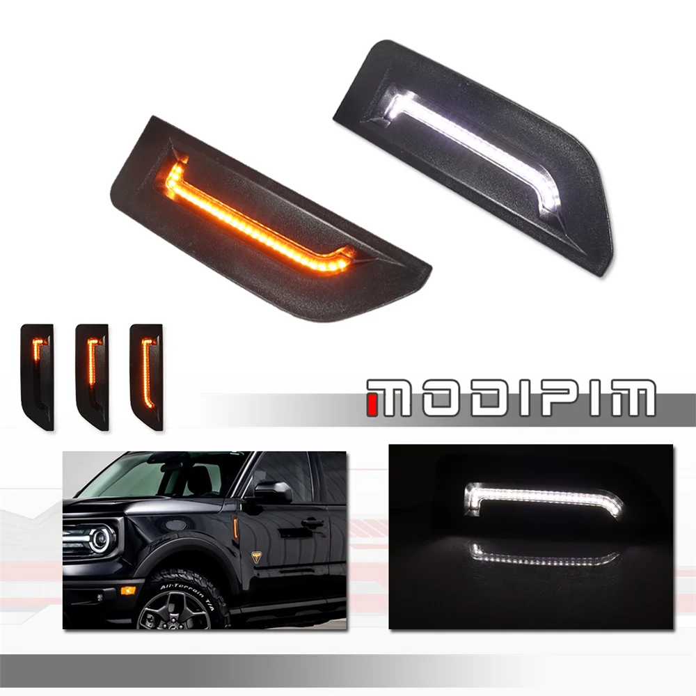 Dual-Color LED Front Side Marker Lights For Ford Bronco 2021-2024 Sequential Amber Turn Signal White DRL Parking Running Lamps