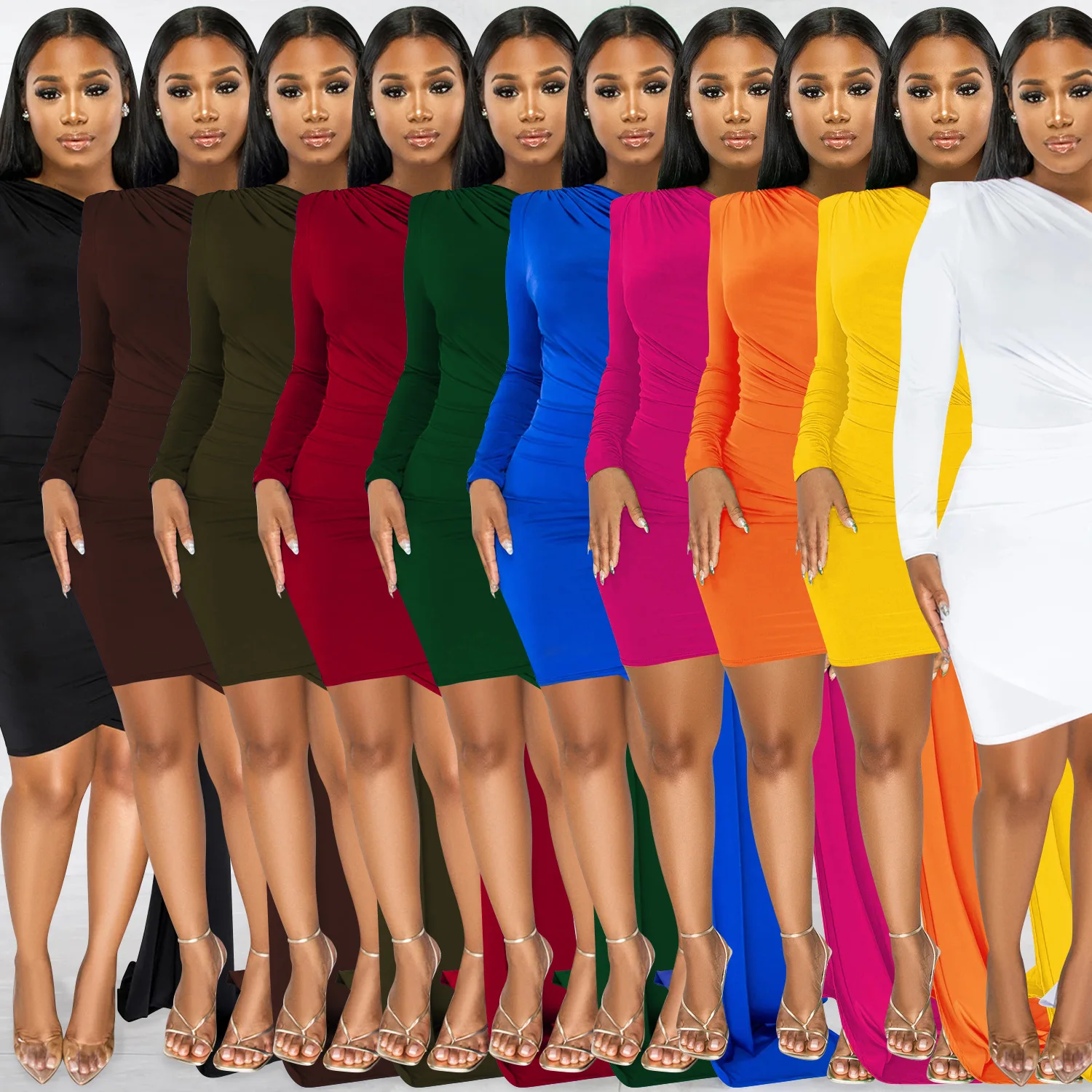 

New fashion solid color single sleeve casual diagonal collar dress women's clothing slim temperament sexy high-end clothing danc