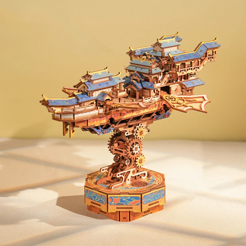 3D Wooden Puzzle Wind Voyager Assembled Miniature Model Kits Mechanical Gear Rotation Puzzles Friends Birthday Gifts Home Decor