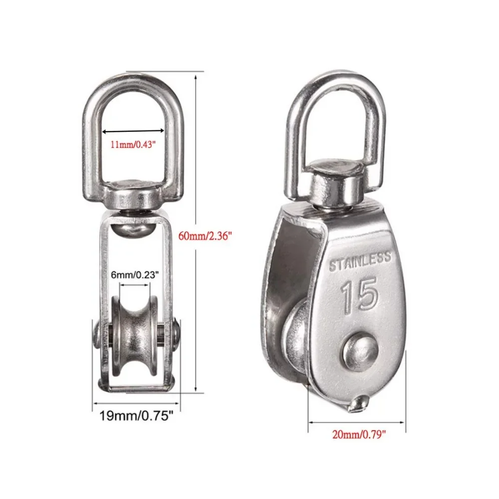 2/4 piezas de rodillo de polea única de elevación M15, juego de polea de cuerda de elevación giratoria de polea única de alta resistencia de acero inoxidable 304
