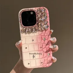 Pink Crocodile Pattern Luxury Rhinestone Case for IPhone 15 ProMax 14Plus 13 12 11 Pro Max XS Max 8 7 Diamond Custom Girl Cover