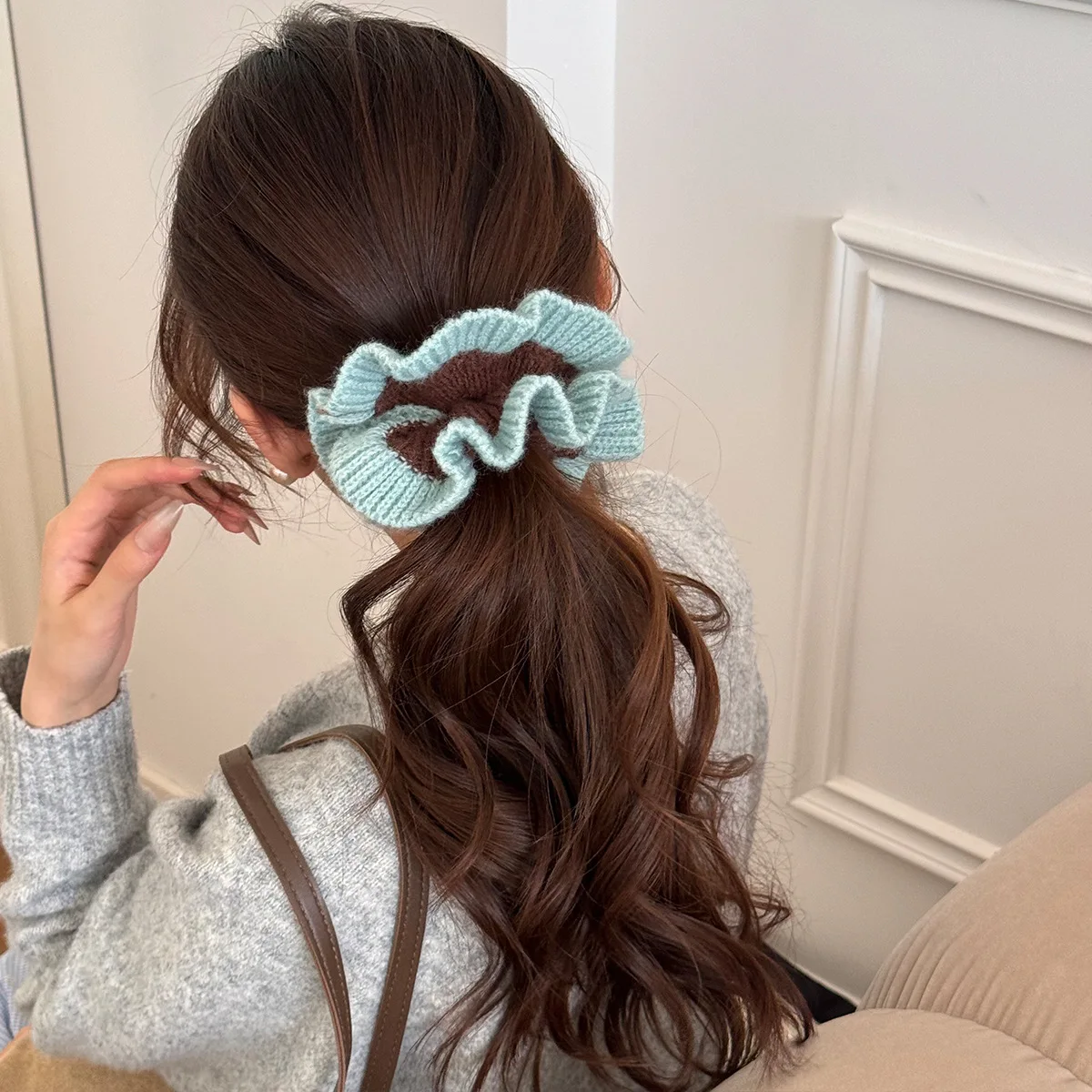 Korean Color Blocked Knitted Yarn Hair Scrunchies Lazy Style Elastic Headband Autumn Winter Oversized Hair Accessories Headband