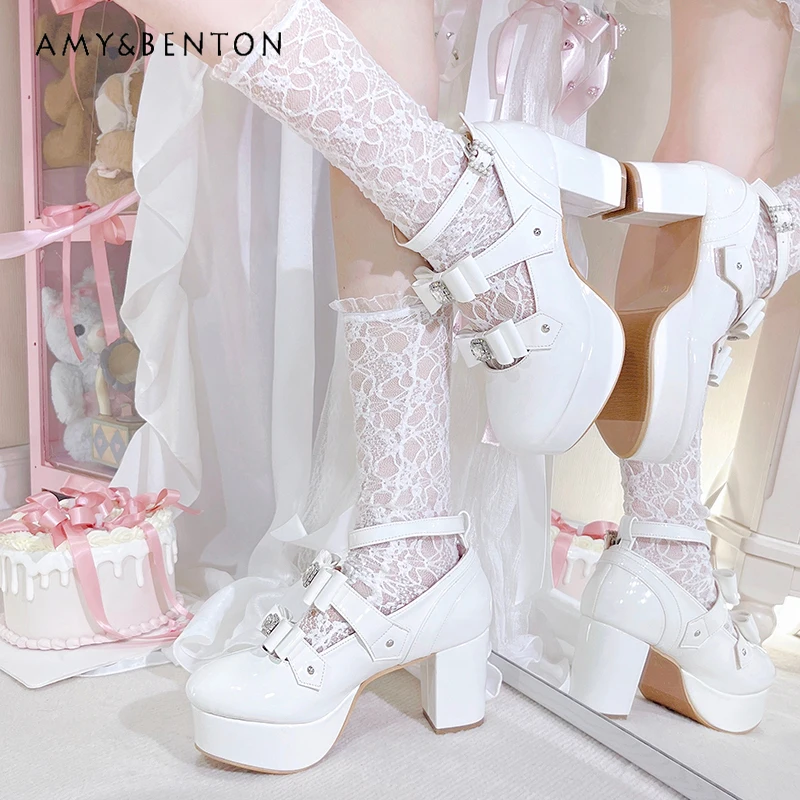 Japanese Mine Mass-Produced Lolita High Heels Sweet Kawaii Bow Buckle Round Toe Platform Heels Elegant Princess Leather Shoes