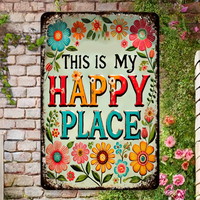 8x12 Inch Rustic Aluminum Happy Place Welcome Sign Durable Metal for All - Season Outdoor Home Floral Garden Room Decor