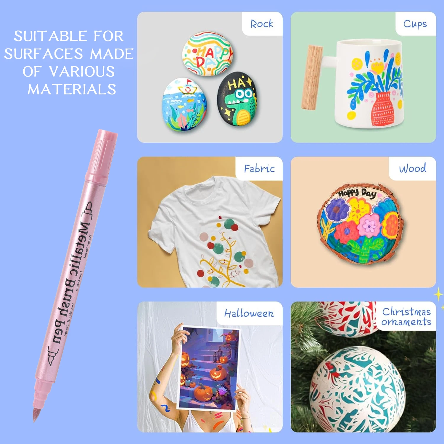 Soft Brush Metallic Paint Marker Set, Double-Ended Fine Tip & Brush Tip, Markers Are Suitable For DIY Painting Projects On Rocks