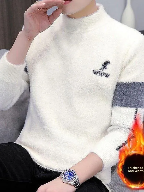 

Мужской утепленный вязаный свитер на флисовой подкладке для осени и зимы, базовый слой, модный, теплый, для повседневной носки, стандартный крой, с длинным рукавом