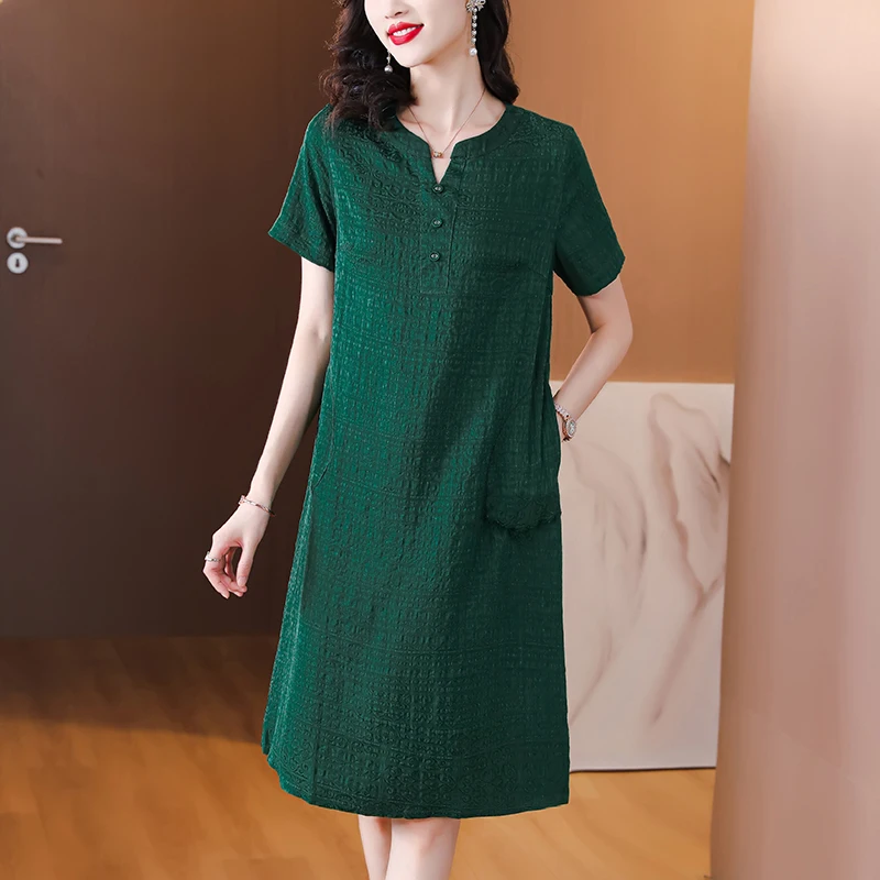 Summer Retro Versatile Knitted Dress Women's 2023 New Luxury Knee Length Dress Green Fragrant Cloud Gauze Loose Fit Party Vestid